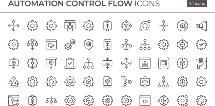 Automation control flow icon set in modern outline style for process management dashboard interface and industrial workflow systems