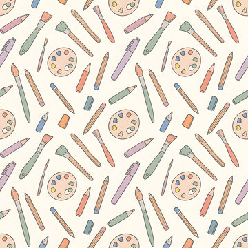 seamless pattern with paint brushes, palettes, pencils, markers, soft colors, minimal design, creative theme