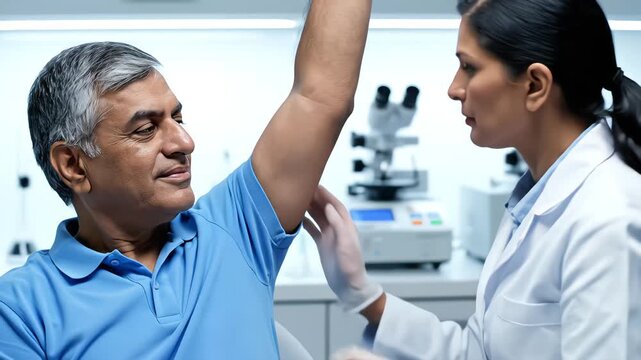 Female doctor smelling armpit of senior man in clinical laboratory setting for body odor or deodorant testing