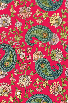 Traditional Indian Kalamkari seamless pattern with detailed paisley motifs and ornate chintz floral vines. Perfect for digital textile printing on luxury kurtas, sarees, and festive ethnic wear. Avail