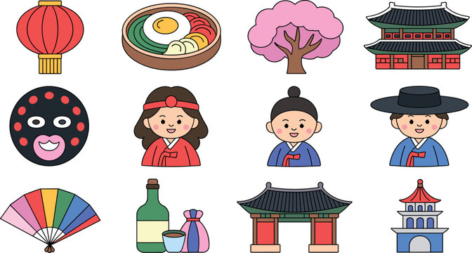 Korean Culture Icon Collection with Hanbok Characters, Traditional Food, Lantern, Temple, and Fan Symbols