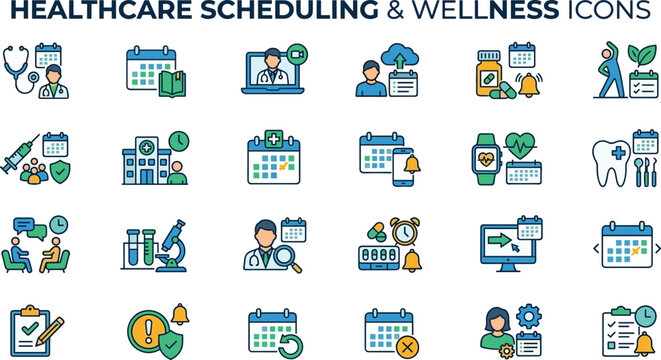 Healthcare and medical scheduling vector icon set featuring calendar booking online doctor consultation wellness planning and hospital appointment graphics