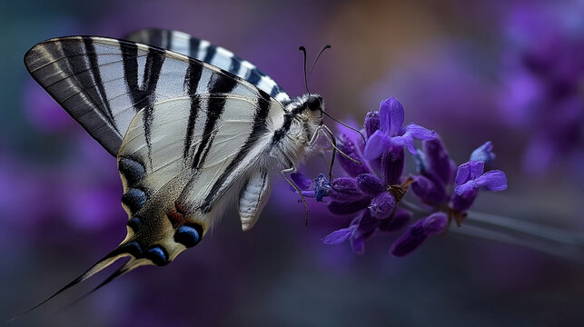 Close up of zebra swallowtail butterfly feeding on purple flower with butterfly, swallowtail