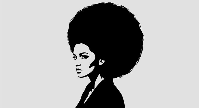 Minimalist black and white portrait of a woman with a large afro hairstyle.