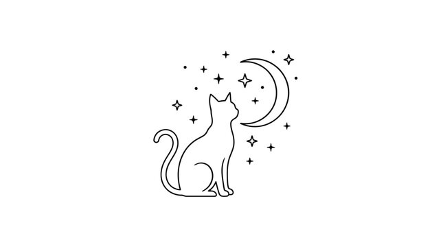 Cat gazing at the moon with stars in the night sky