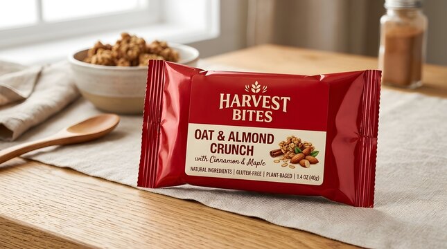 Delicious Oat and Almond Crunch snack bar packaging resting on a table next to a bowl of granola and a wooden spoon showcasing a healthy and satisfying breakfast or energy boost option for