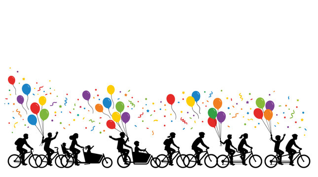 Celebration of cyclists with balloons in festive parade