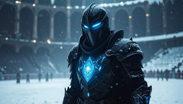 A formidable futuristic warrior stands resolute in glowing dark armor amidst a snow-covered arena, exuding a powerful aura under falling snowflakes