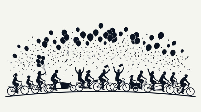 Celebration parade with cyclists and balloons in motion (2)