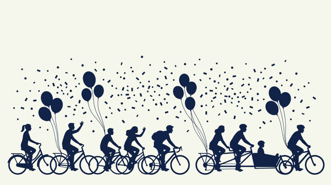 Celebration parade with cyclists and balloons in motion