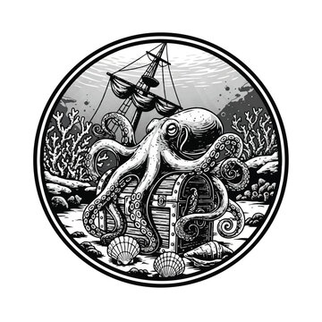 Octopus sitting on treasure chest underwater.