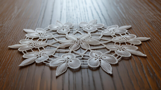 Vintage lace floral doily pattern on dark wood background