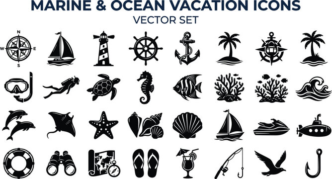 Marine and ocean vacation black silhouette icon set with nautical sailing boats scuba diving gear sea animals and tropical beach travel elements vector