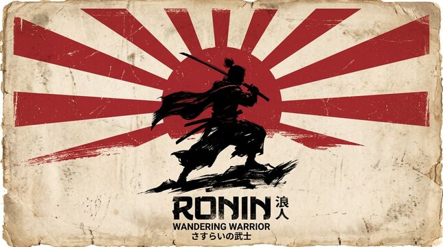 Silhouette of Ronin Samurai Warrior in Action Stance with Katana Against Red Japanese Sunburst Flag Background Poster
