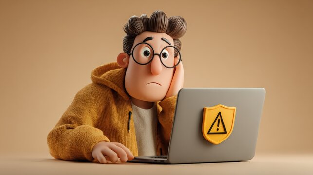 Concerned Man Looking At Laptop With Warning And Shield Icon For Online Security Problem