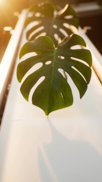 Row of large, green monstera deliciosa leaves in soft golden sunlight, natural growth, tropical plant detail, ideal for nature and wellness themes