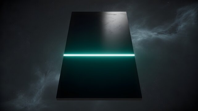 Abstract dark rectangular monolith with a glowing horizontal aqua line emanates a futuristic and mysterious digital presence.