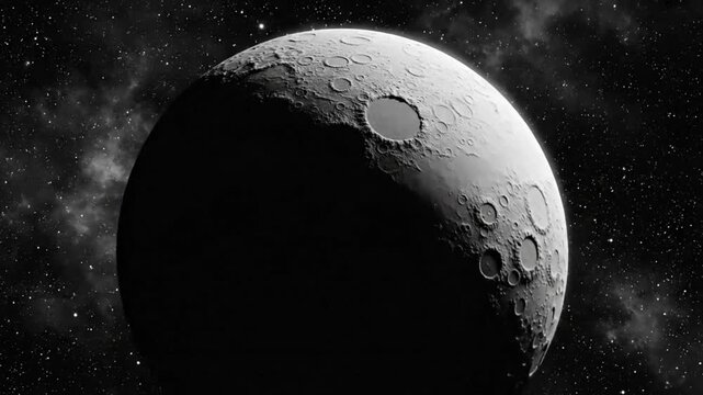 Dramatic moon surface view with craters revealing the night sky in a monochrome cosmic animation