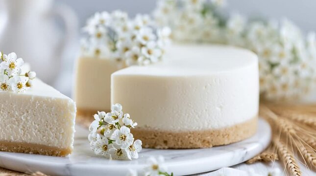 Creamy white cheesecake decorated with delicate white flowers on a marble stand, elegant Shavuot holiday dessert concept