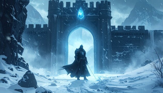 A lone warrior stands before the glowing gates of a formidable ice fortress, ready for an epic journey through a vast, snow-covered mountain kingdom under a mystical light