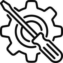 Fototapeta premium Black outline icon featuring a screwdriver crossing a gear wheel representing maintenance.