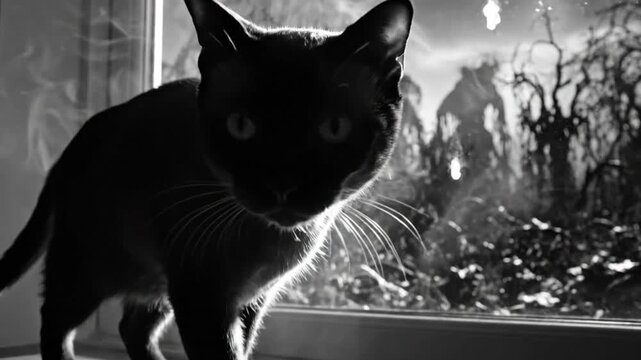 Black and white spooky cat indoors with ominous creatures and fog outside of the window, Halloween concept