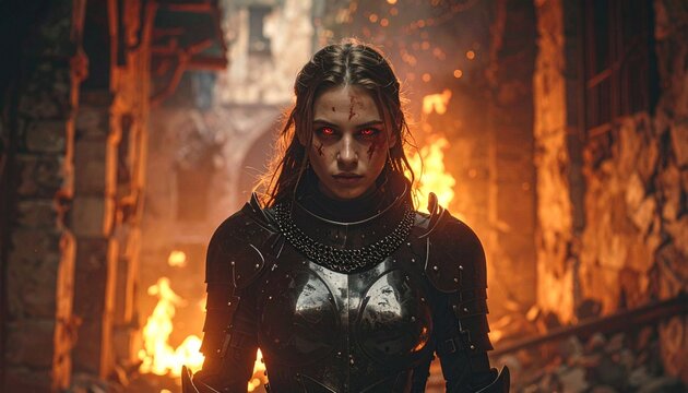 Empowered by the flames of a devastated stronghold, a valiant knightess with a resolute expression embodies unwavering strength and valor after a brutal conflict
