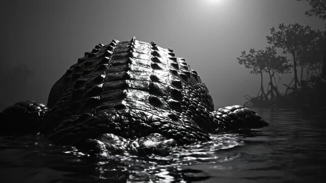 Dramatic black and white close-up of a large alligator submerged in water with sun and trees in background