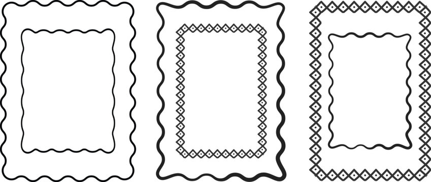 Zig zag Wavy Edge Rectangle Shapes Set. Rectangle shapes with curvy squiggly doodle lines. set wavy edge frames. vector illustration.
