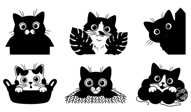 Cute black peeking cats flat vector illustration set isolated on white background