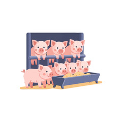 A group of cute pink piglets eating food from a metal trough © Arcus