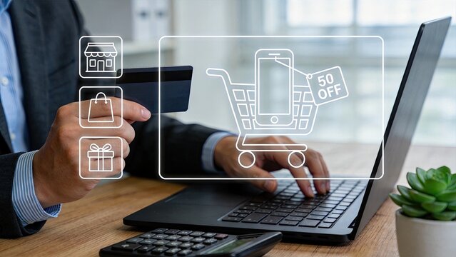 Man holding credit card shopping online on laptop, e-commerce concept, digital payment, discount sale offer, mobile app store interface, retail business transaction, buying goods