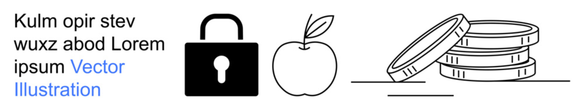 Security, healthy life choices, finance, digital privacy, investment symbols, education. Lock, apple and coin stack in a minimalist style. Security and healthy life concepts