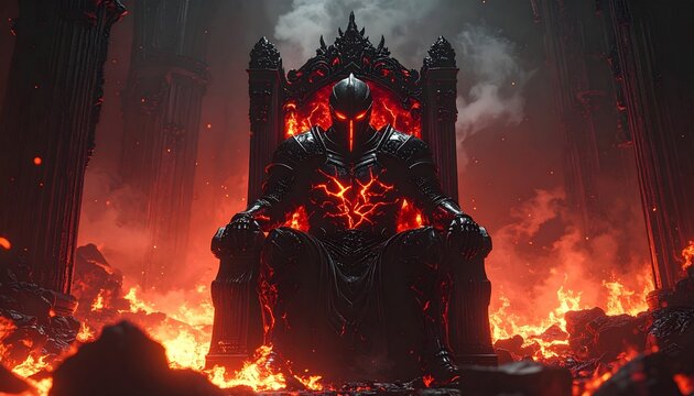 A powerful warrior in dark armor sits on a throne in a fiery hellscape, embodying immense power and dominance