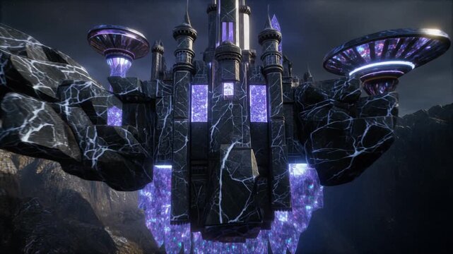 Futuristic alien castle hovering above rocky terrain with glowing purple energy