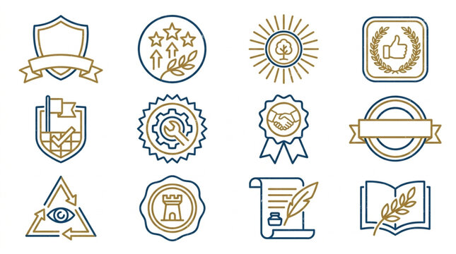 Collection of Vintage Style Badges and Emblems for Quality Assurance.