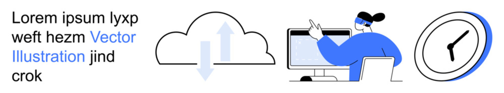 Business productivity, cloud computing, time management, data upload, technology, professional workflow. A person working on a computer, cloud with arrows and a clock. Cloud computing and business