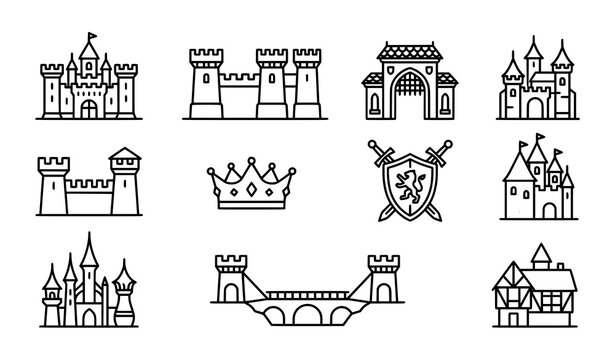 Modern castle line icons with editable medieval and fantasy vector design