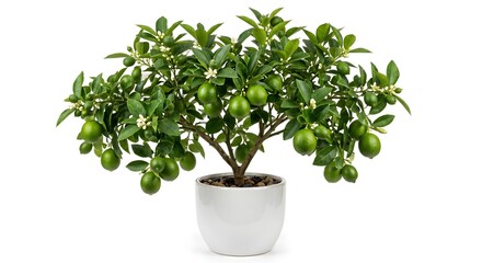 Fototapeta premium Dwarf Lime Tree with Abundant Green Fruit in Modern White Ceramic Pot Isolated on White