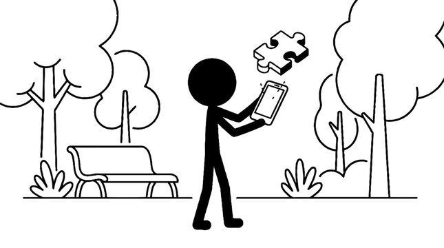 Person solving digital puzzle on smartphone in public park