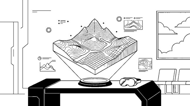 Futuristic mountain hologram in virtual reality lab
