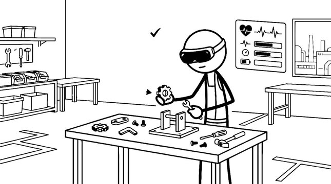 Technician wearing smart glasses assembling mechanical parts in lab