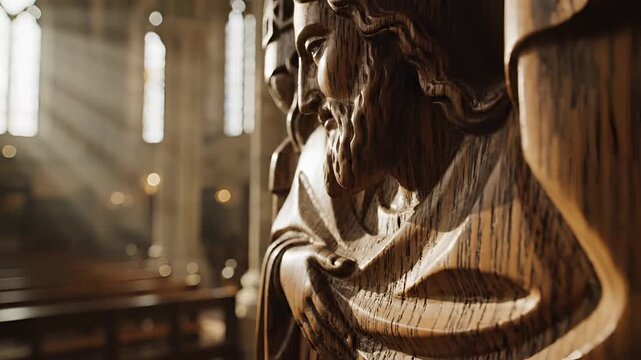 Ancient Wooden Sculpture of Jesus Christ in a Church with Sunbeams.