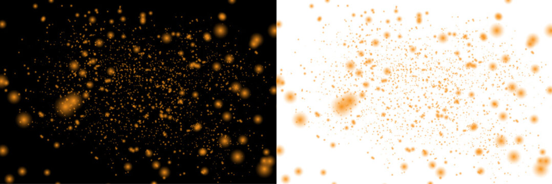 Golden sparkle light effect dual presentation on black and white backgrounds for graphic design
