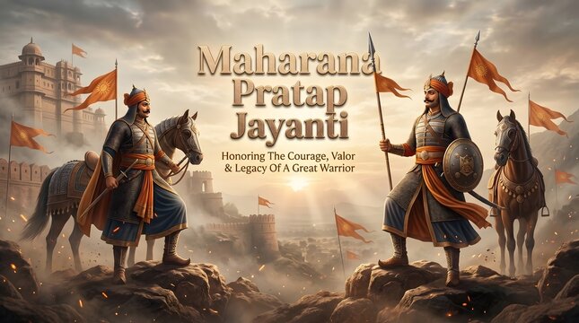 Maharana pratap jayanti two brave warriors on horseback with swords and shields