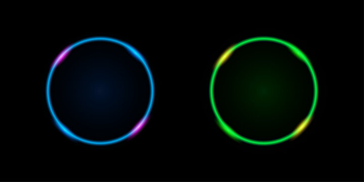 Neon circle light effect vibrant blue pink and green rings on black background for graphic design