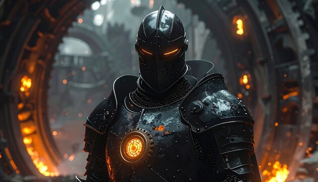 An imposing dark armored warrior with glowing eyes stands resolute in a dramatic, fiery mechanical setting, embodying a powerful blend of fantasy and advanced technology