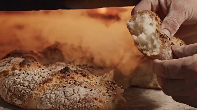Bakers Hands Gently Handling Freshly Baked Artisan Bread from Oven.