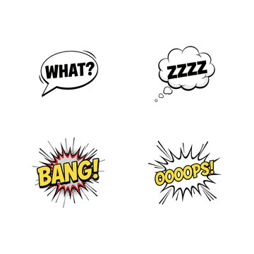 Set of four comic book speech bubbles with text bang what zzzz and ooops on white background