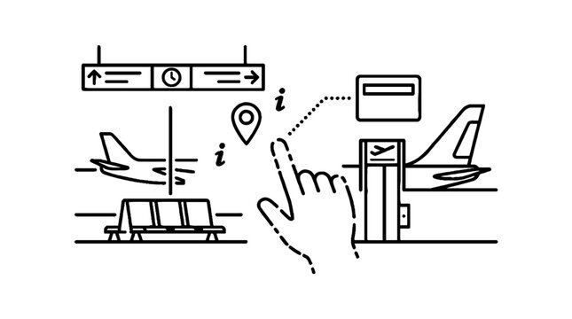 Hand interacting with airport terminal navigation icons